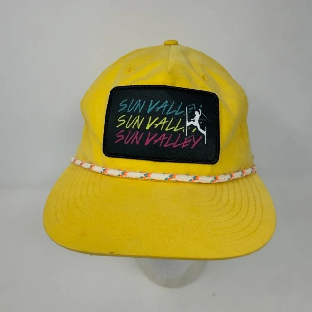 Vintage Sun Valley Idaho Ski Resort Rope Hat Yellow Snapback Trucker Cap 80s 90s